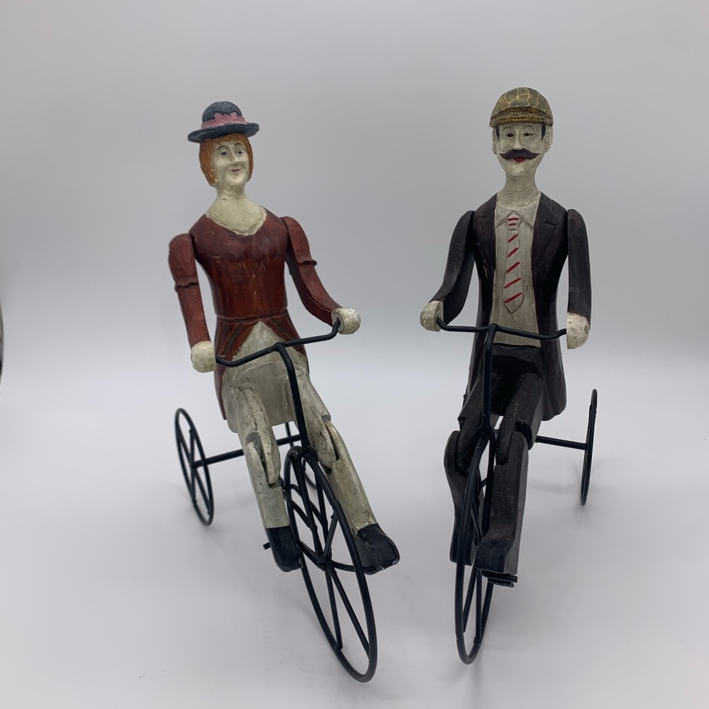 Vtg. Antique Rustic European Wood Carved Folk Art Couple Riding Tricycle’s 11”